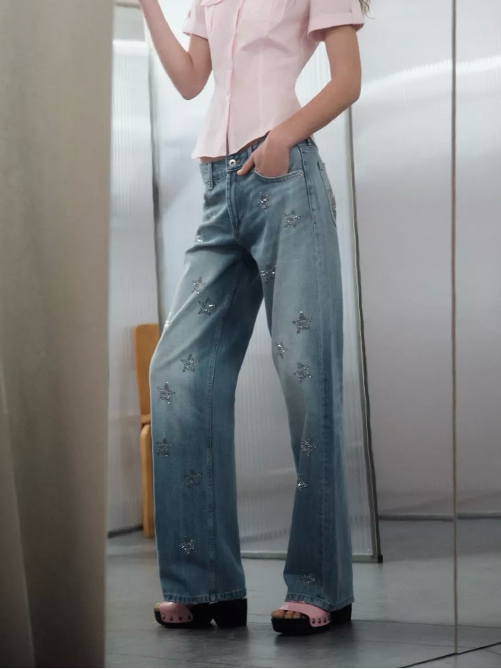 NWT ZARA TRF LOW RISE WIDE LEG RHINESTONE JEANS
